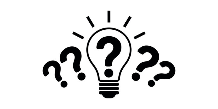 Black lightbulb with question marks white background