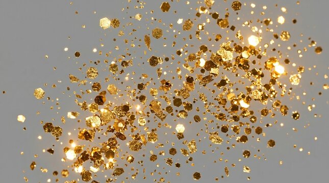 Floating multi-sized gold glitter particles and metallic flakes isolated on a light gray background.