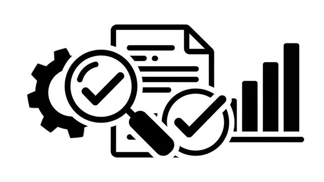 Minimalist icon set illustrating digital document processing with a gear and cursor on a white background