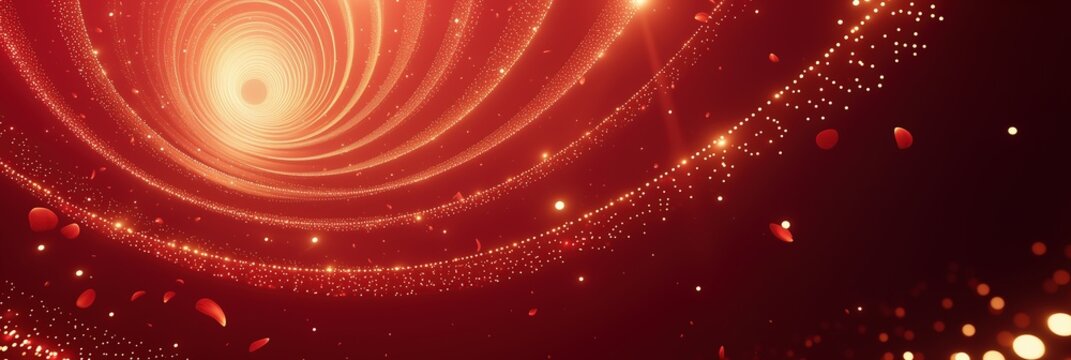 Abstract red-gold spiral vortex with glowing light trails and delicate petals, festive luminous background design for celebrations, romantic events or horror fantasy adventure, stranger mystery