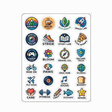 Sheet of 25 colorful, diverse icon stickers/badges featuring themes like adventure, tech, food, hobbies, and wellness on a white background.