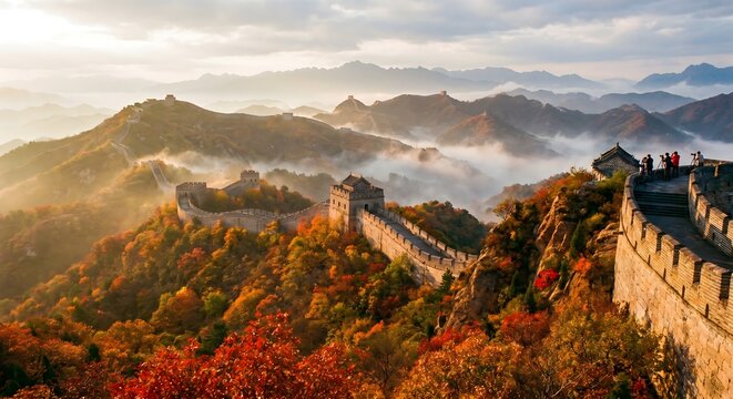 The Great Wall Winding Through Misty Autumn Mountains with Cinematic Light