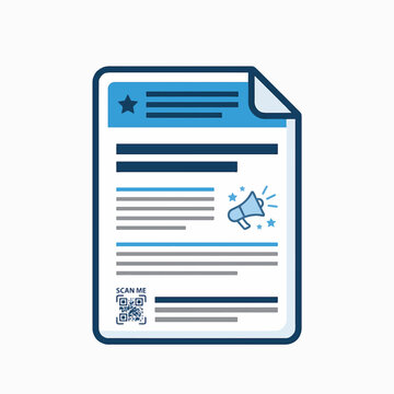 An illustration of a document featuring a blue header with a star, text lines, a megaphone icon, and a SCAN ME QR code at the bottom.