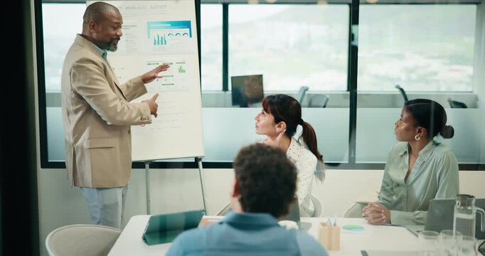 Man, presentation and charts on board with team at office meeting, talk and questions at finance company. Person, speaker and insight with graphs, feedback and collaboration at investment agency