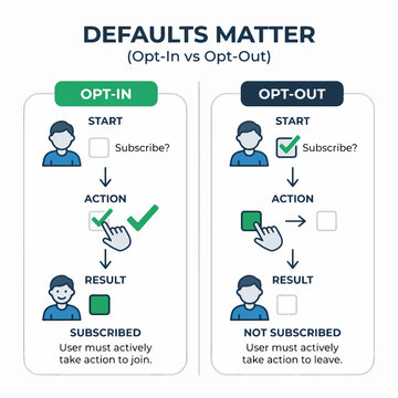 An infographic illustrates 'Defaults Matter,' comparing Opt-In (user actively subscribes) vs. Opt-Out (user actively unsubscribes) default settings, showing impact on user action and outcome