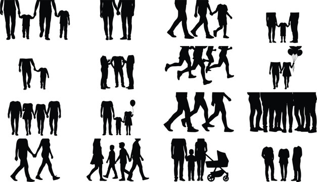 Vector silhouettes set of people walking lower body crops cropped family figures running groups and parents with strollers