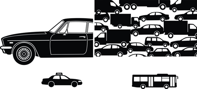 Black and white illustration of classic car merging into traffic silhouettes with taxi and bus icons symbolizing urban transportation and congestion