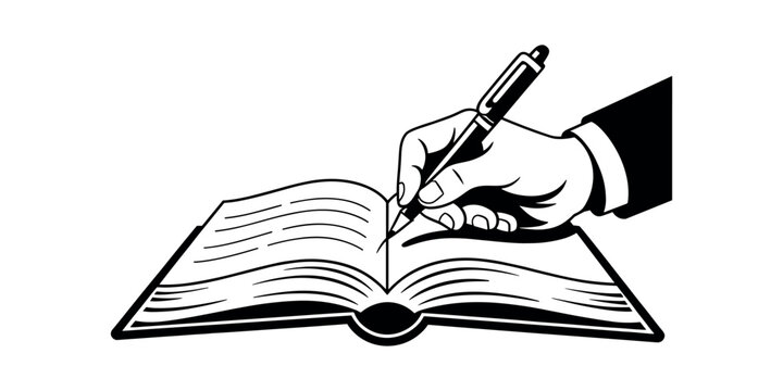 Hand writing in open book with pen in white background