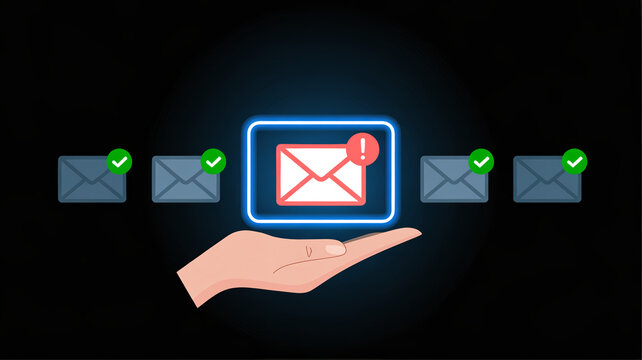 A gentle hand cradles a glowing envelope icon with an exclamation mark, surrounded by other less urgent email icons on a .
