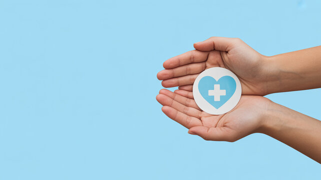 Two open hands carefully hold a circular icon with a blue heart and a white cross symbolizing health, care, and medical assistance.