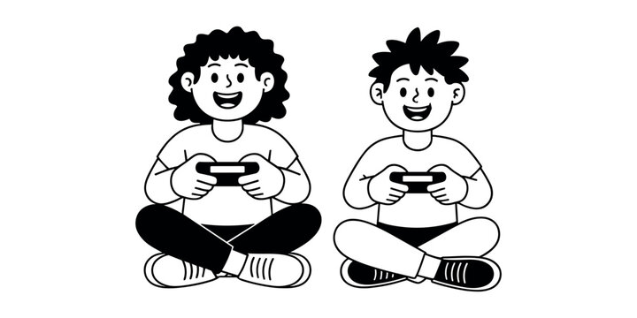 Two children sitting cross-legged holding game controllers kids boys girls cartoon in white background