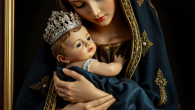 Virgin Mary and Child, soft light, studio quality, full-frame, realistic, icon of the Virgin Mary, tender facial expression, Christ Child in arms, ornate silver, jeweled chasuble cover, dark blue robe