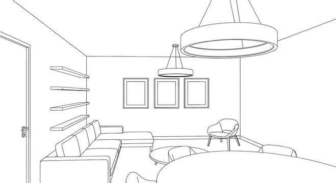Modern living room interior perspective sketch featuring sectional sofa round chandeliers and frames vector illustration