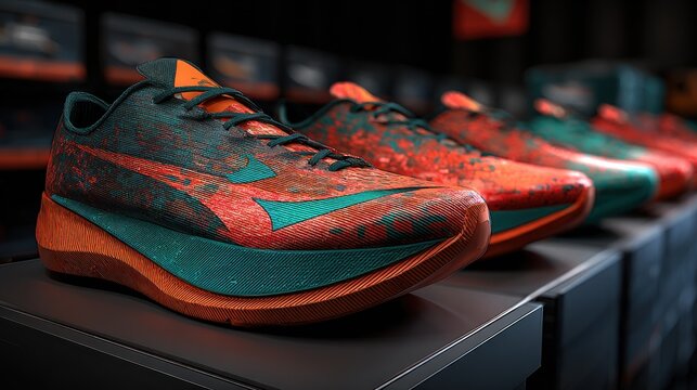 Vibrant Running Shoes Displayed in a Retail Setting.