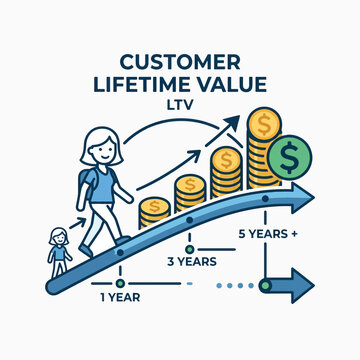 Illustration showing customer lifetime value growth over time, from a child to an adult, with increasing money stacks, signifying increased revenue.