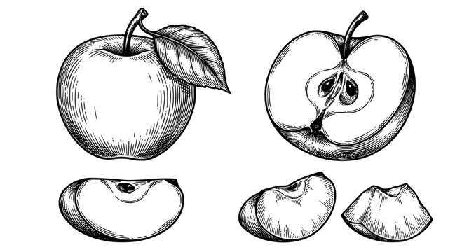 Vintage apple fruit engraving collection vector with cut and whole apples