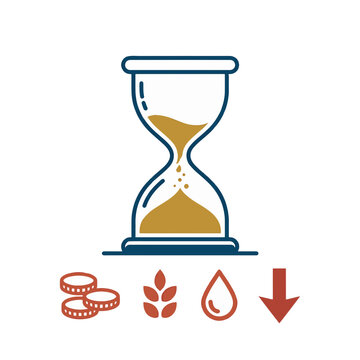 An hourglass with sand flowing, alongside icons representing money, crops, water, and a downward arrow, symbolizing scarcity, cost reduction, or resource depletion over time.