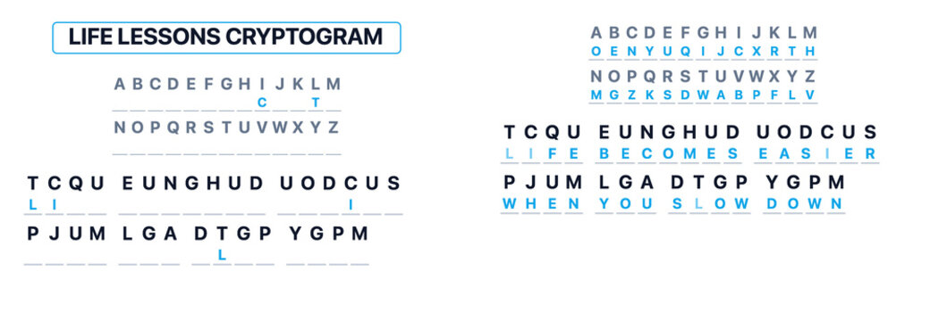 Life lessons cryptogram puzzle with encoded messages and key  