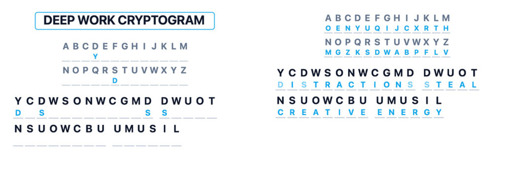 Deep work cryptogram puzzle with letters and solution guide  