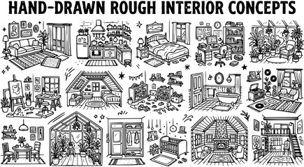 Naklejka premium Hand-Drawn Rough Interior Concepts Vector Art Collection: Home Rooms, Furniture, and Lifestyle Sketches in Black and White Line Style