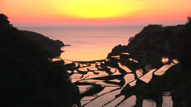佐賀県玄海町 浜野浦の棚田 夕日 タイムラプス
