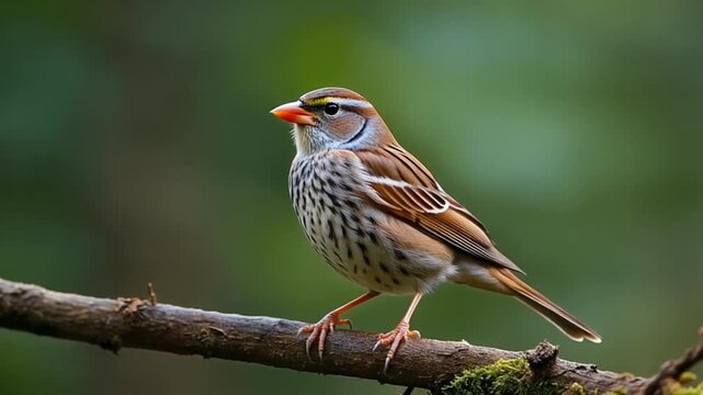 Close-up of a song sparrow perched on a branch, nature wildlife background