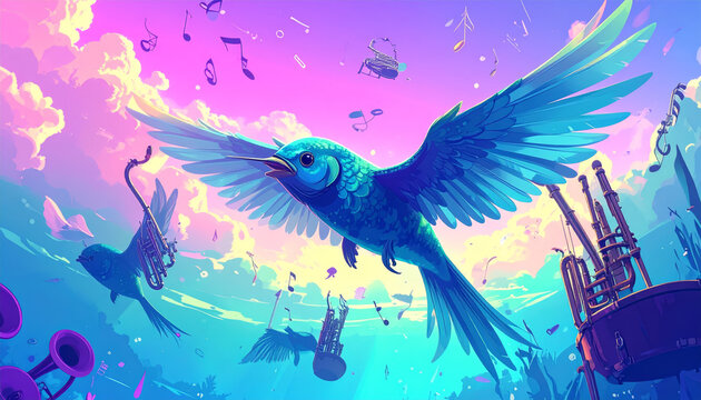 Blue bird with feathered wings flying through a sky filled with musical notes and instruments, a surreal and vibrant artistic depiction.