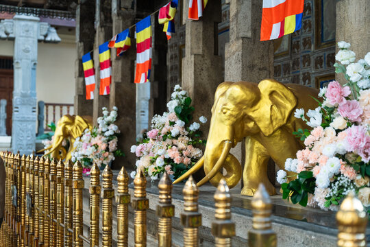 View of golden elephant statues decorated with flowers and Buddhist flags at the Temple of the Sacred Tooth Relic in Kandy, Central Province, Sri Lanka.