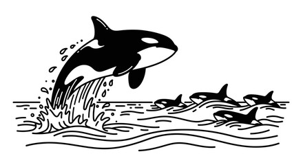 Black and white illustration of a pod of orca whales swimming in the ocean. © Rohimimon