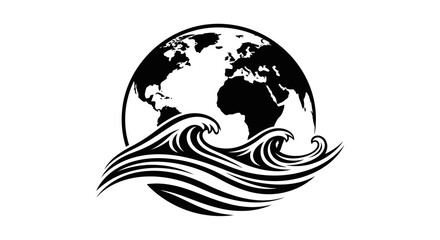 Black and white illustration of planet Earth emerging from ocean waves. © Rohimimon