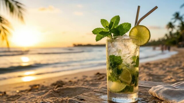 Refreshing Mojito Cocktail on a Tropical Beach at Sunset