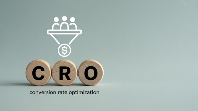 Three wooden blocks spelling out 'CRO' sit below an icon representing a conversion funnel with people and a dollar sign, indicating CRO.