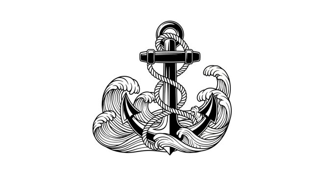 Vintage style anchor illustration with detailed nautical rope and ocean waves.