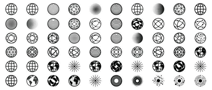Minimalist spherical graphic icons set. Varied collection of circular logos and spherical symbols. grids, dot patterns, networks, and geometric structures. Vector illustration.