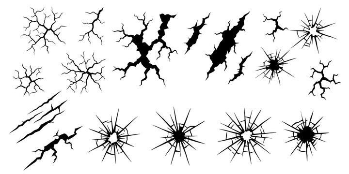Diverse wall cracks and shattered glass impact vector. Large selection of ground cracks and shattered glass textures. Vector illustration.