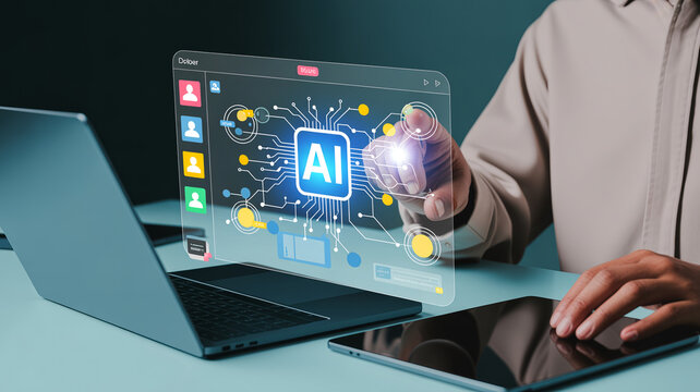 A person interacting with a laptop touches a transparent screen displaying a complex AI circuit board and application icons.
