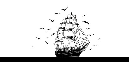 Silhouette of a Tall Sailing Ship at Sea with Flying Birds. © Rohimimon