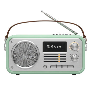 Vintage style digital FM radio with leather strap isolated on transparent background
