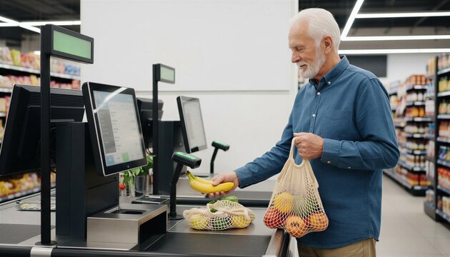 Senior man with reusable mesh grocery bags at supermarket self checkout counter, ecofriendly shopping