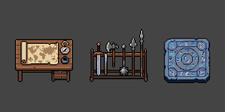 Pixel art sets of fantasy RPG game props set featuring a strategy map desk, medieval weapon rack, and glowing magic rune stone.
