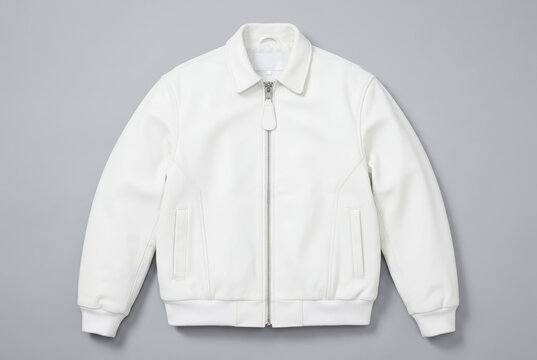 Minimal White Leather Bomber Jacket Mockup, Classic Zip Up Blouson Coat Template