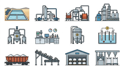 Naklejka premium Industrial factory and manufacturing process illustrations set.
