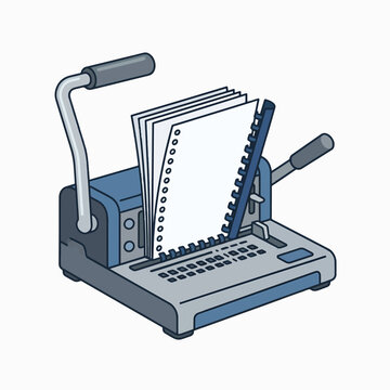 A blue and gray binding machine with a handle and papers being inserted into it.