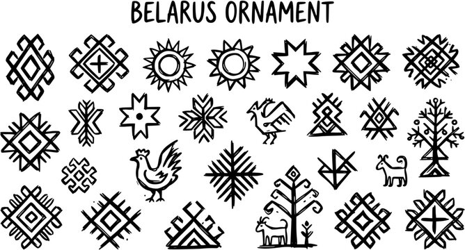 Hand-Drawn Black  White Line Art Collection of Belarusian Traditional Folk Culture Ornaments, Symbols  Ethnic Patterns