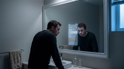 Fototapeta premium Man checking phone in bathroom mirror before the day begins