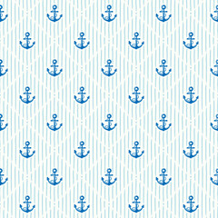 Vector seamless pattern of blue anchor with stripes. © KY