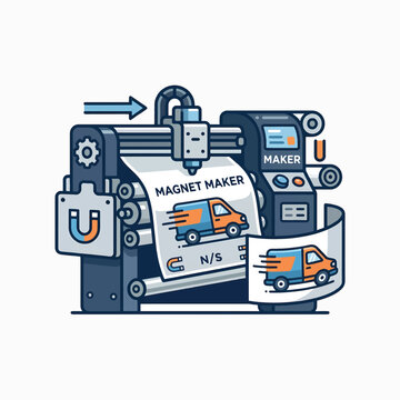 A cartoon illustration of a magnet making machine. It has a conveyor belt with a magnet and a van design.