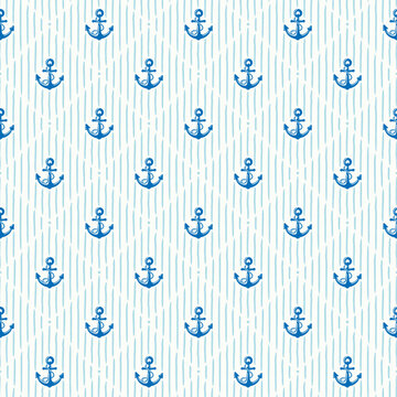 Vector seamless pattern of blue anchor with stripes.