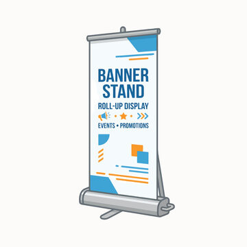 Vector illustration of a blue and white roll-up banner stand with BANNER STAND ROLL-UP DISPLAY and icons for events and promotions.