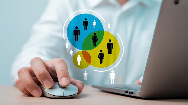 A hand using a mouse interacts with a digital diagram showing overlapping circles with silhouettes of men and women, representing demographic segmentation.